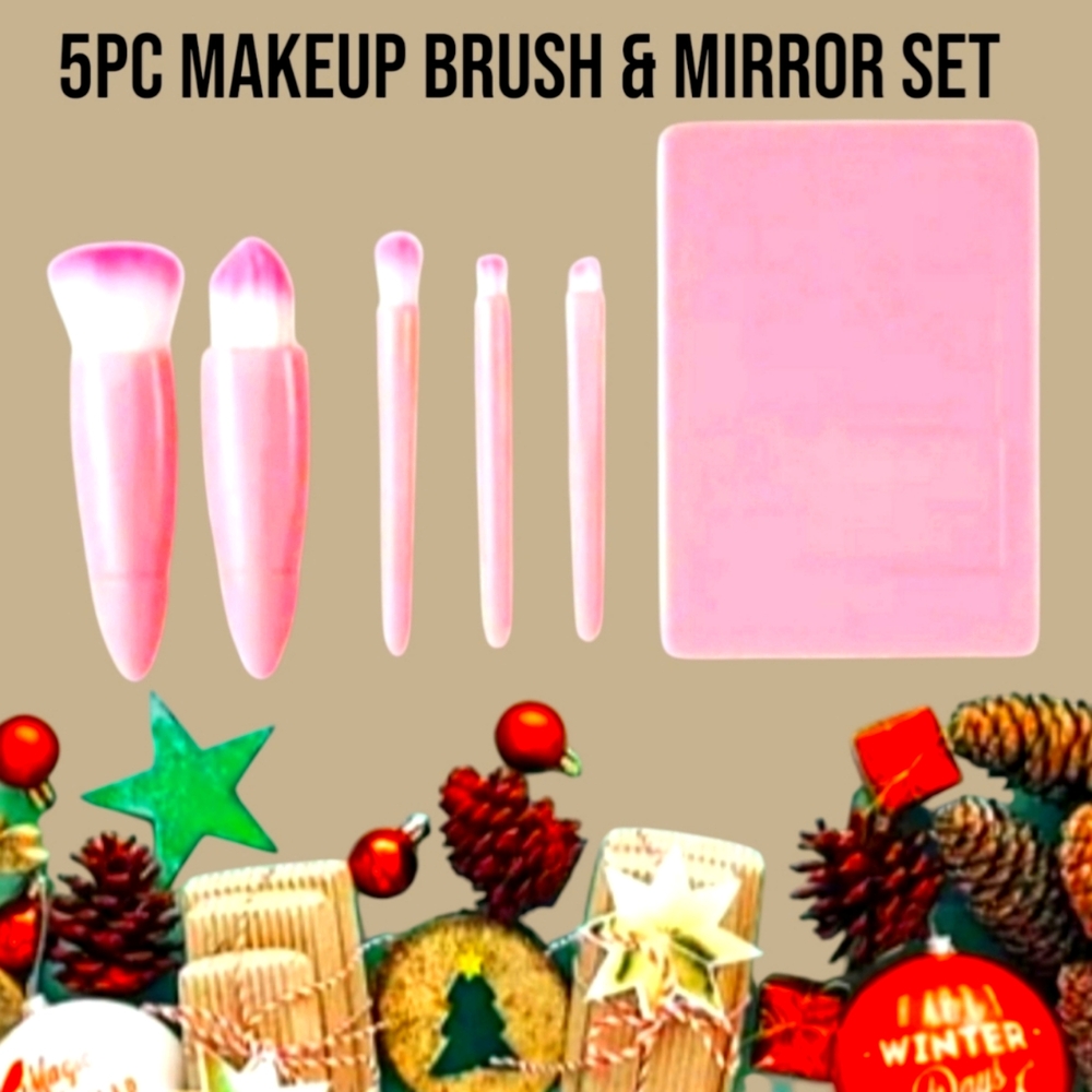 5 Pc Mini Travel Makeup Brush & Mirror Set - New